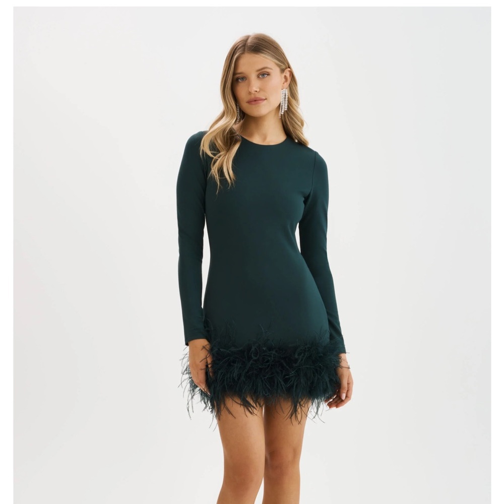 Lamarque Deep Teal Long-Sleeve Feather Hem Dress - Picture 5 of 7
